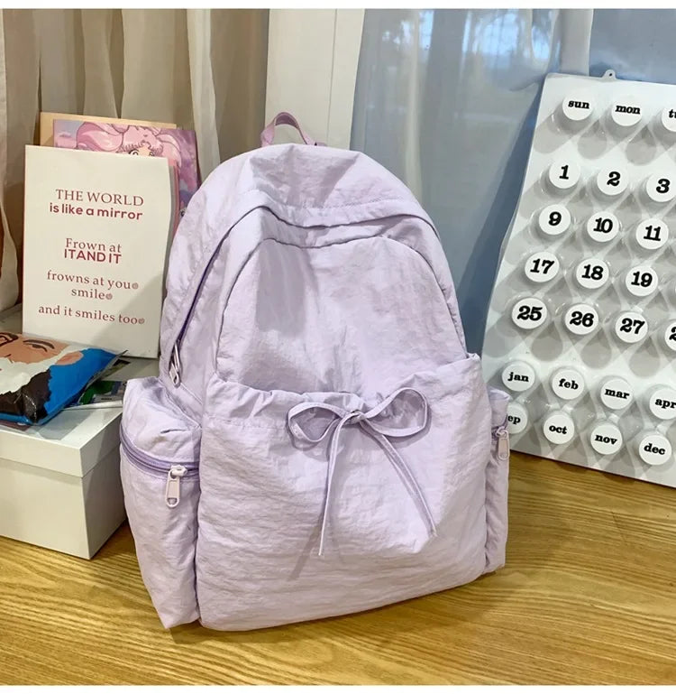 Japanese Style Student Backpack Solid Color Bow Travel School Bag Lightweight and Fashionable Women's Backpack New Simple Casual