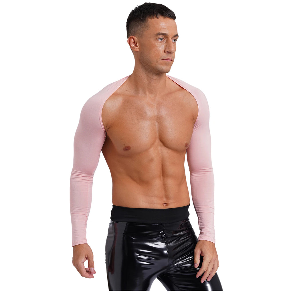 Men Open Front Half Crop Top Solid Long Sleeve Cardigan Bolero Shrug Tops Muscle Arm Sleeves Workout Sports Gym Tops Clubwear