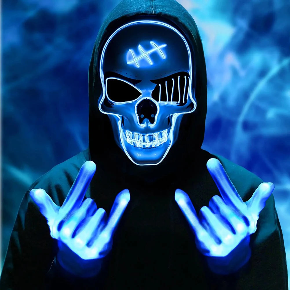 Halloween LED Mask With Gloves,Glowing Skull Mask Costume Set,Lights Up Horror Costume Props Halloween Party Cosplay Accessories