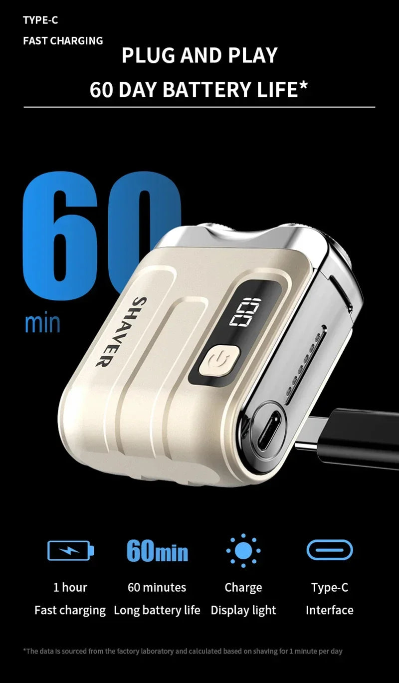 Men Electric Shaver Waterproof Type-c Rechargeable Travel Digital Display Rotary Razor Portable Beard Trimmer Remover 2025 New