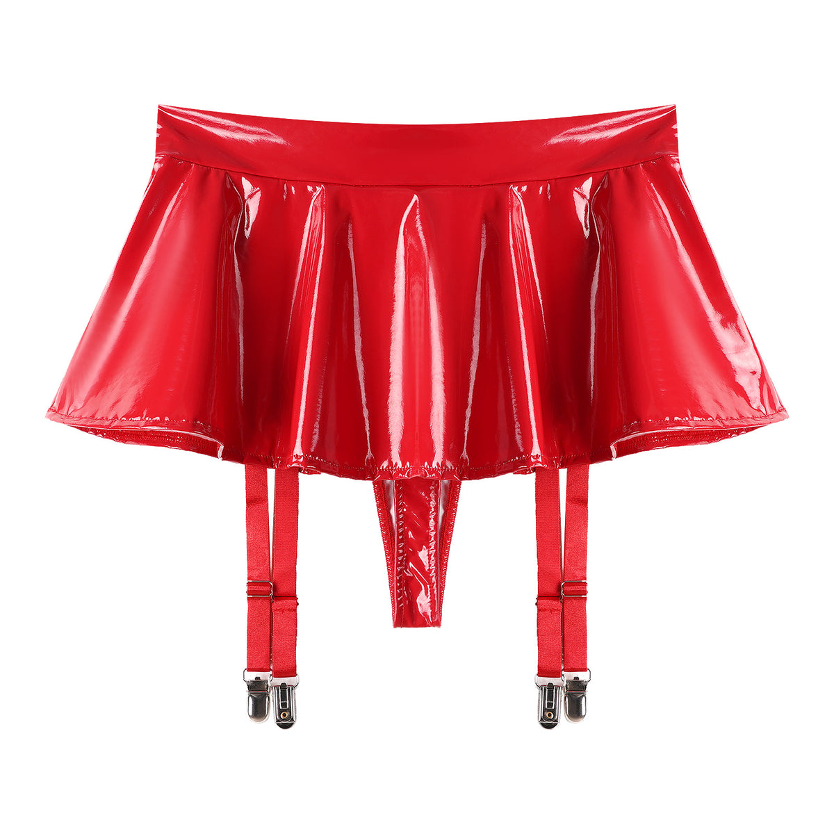 Sexy Women Wetlook PVC Leather Ruffled Skirts Party Low Waist Built-in Thongs Mini Skirt with Garter Belts Metal Clips Set Club