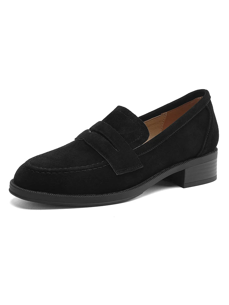 2025 NEW Trend Women Loafers Natural Suede Spring Autumn Ladies Low Block Heels Elegant Round Toe Black Brown Splicing Loafers
