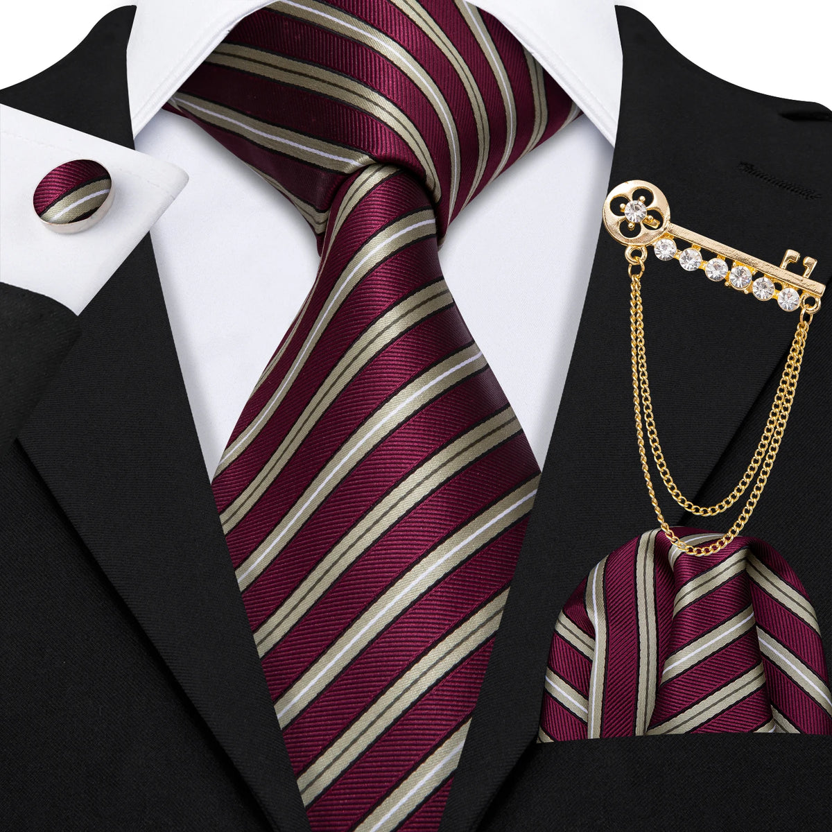 Burgundy Mens Tie Hanky Cufflinks Brooch Set Jacquard Red Wine Maroon Necktie Collar Pin For Male Wedding Events