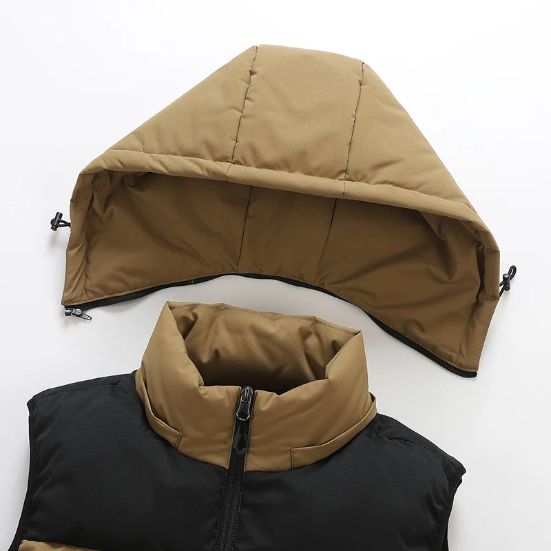 Autumn Winter Men Hooded Thicken Casual Sleeveless Vests Jackets Coat Mens Detachable Hat Waistcoat Vest Man Cotton Outwear Vest