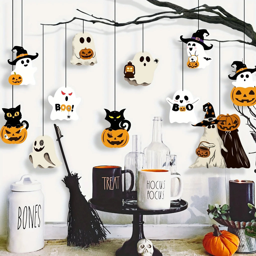 Halloween Hanging Ornaments Ghost Black Cat Pumpkin Witch Hat Hanging Decor for Spooky Halloween Party Porch Ceiling Decoration