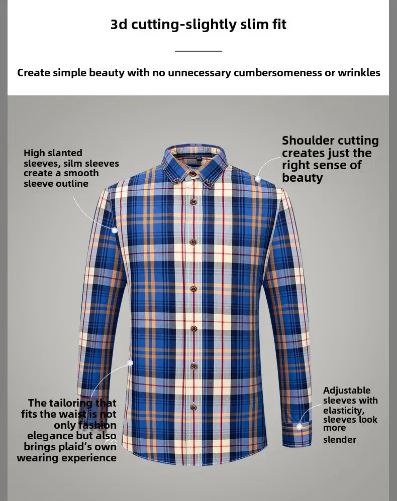 New Men's Pure Cotton Plaid Long Sleeve Shirt Spring Whole Cotton Casual Shirt Korean Style Slims Smooths Your Silhouette No Iro