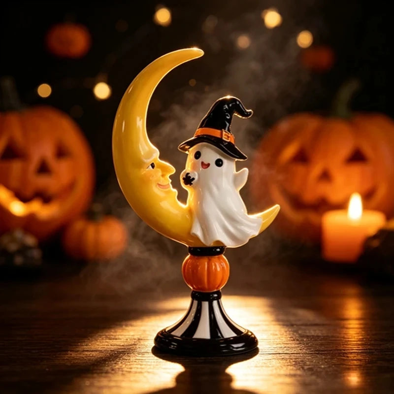Halloween Ghost Witch Hat On Crescent Moon Resin Figurine Spooky Cute Tabletop Statue Autumn Pumpkin Home Party Decor Ornament