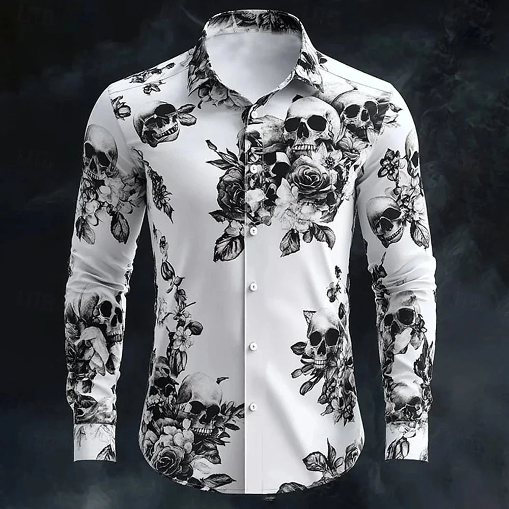 Halloween Shirt Men's Long-Sleeved Lapel Shirt Classic Skull Print Funny Shirt Holiday Party Comfortable Men's Clothing