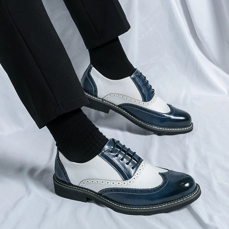British Men's Trendy Shoes Handmade Sole Brogue Shoes Fashionable Blue Men's Leather Casual Shoes Versatile Free Delivery