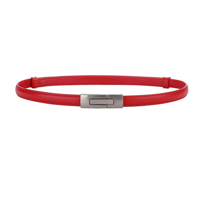 Women Skinny Genuine Leather Slim Belt Adjustable Alloy Buckle Waist Belt for Dress