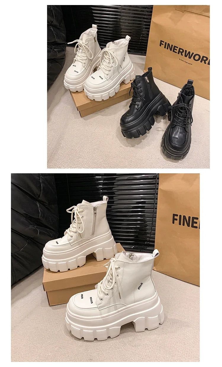 9CM Autumn High Platform Leather Boots Wedge Heels Ankle Boots Winter Women Lace-up Warm Shoes Motorcycle Chunky Sneakers Woman