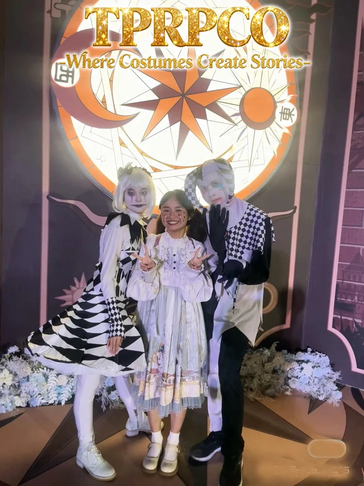 Halloween Carnival Costumes Funny Fun Cosplay Black and White Splicing Clown Costume with Hat for Man Women Innovative Set