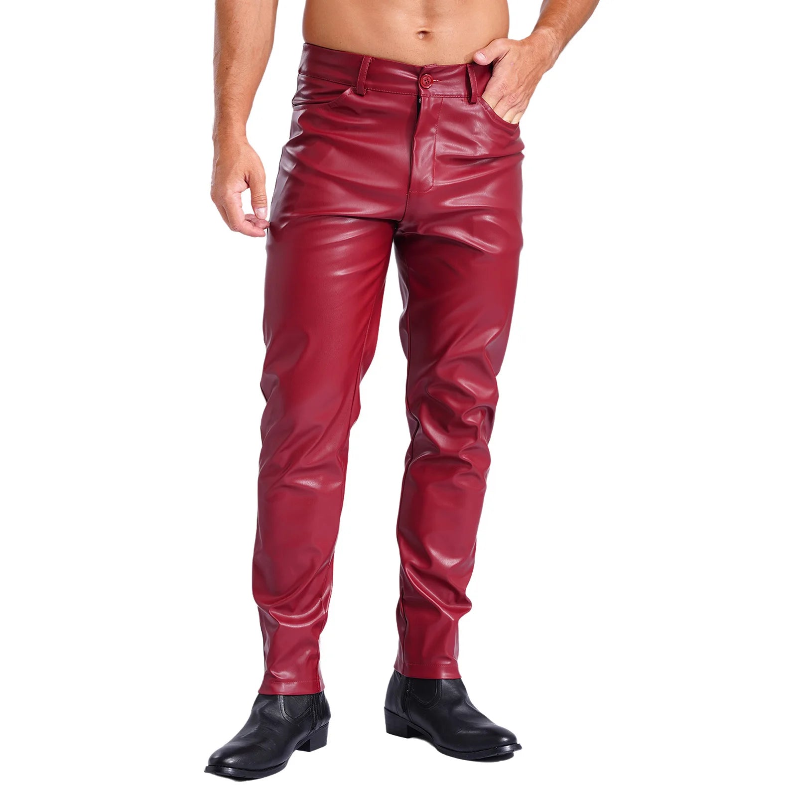 Mens Stylish Faux Leather Pants Pockets Halloween Costume Smooth Lining Straight Pants Tights Leggings Music Party Clothings