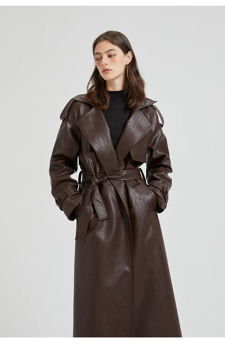 Lautaro Spring Autumn Extra Long Brown Pu Leather Trench Coat for Women Sashes Luxury Chic Overcoat Runway European Fashion 2024