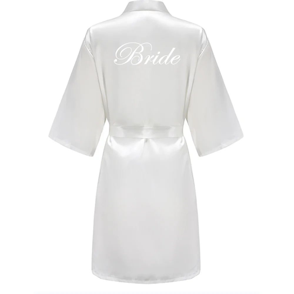 Women's Satin Kimono Robes With White Letter Bride Bridesmaid Short Getting Ready Wedding Dressing Gown