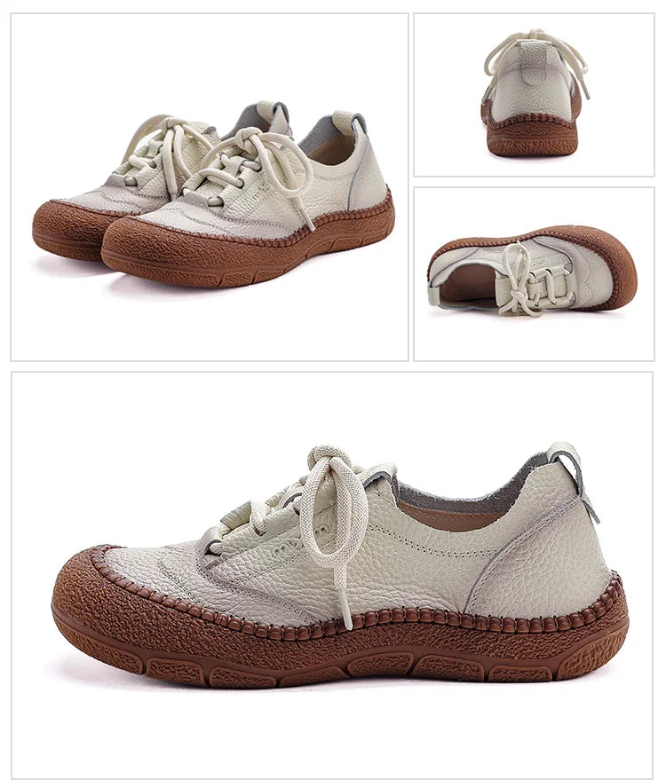 New real leather handmade shoes for women all season oxfords flats woman laced up moccasins cozy mom boat shoes round toe flats