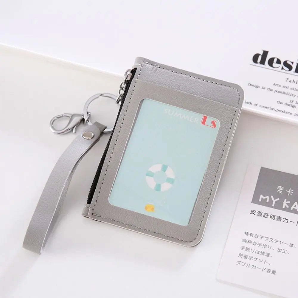 PU Leather Zipper Card Cover Bag ID Tag Bus Pass Card Cover Case Coin Purse Business Card Case with Hand Rope