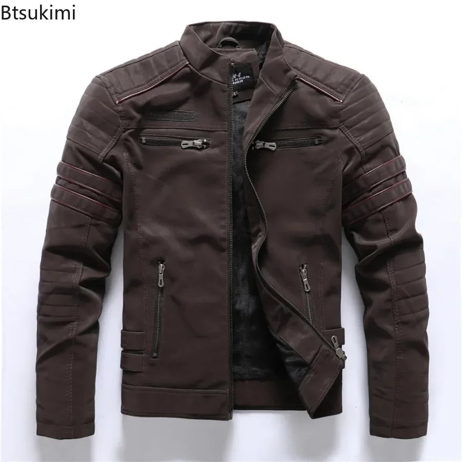 New Pilot Jackets Men's PU Jacket Fashion Casual Stand Collar Motorcycle Coats Trend Men Embroider Windbreak Warm Leather Jacket
