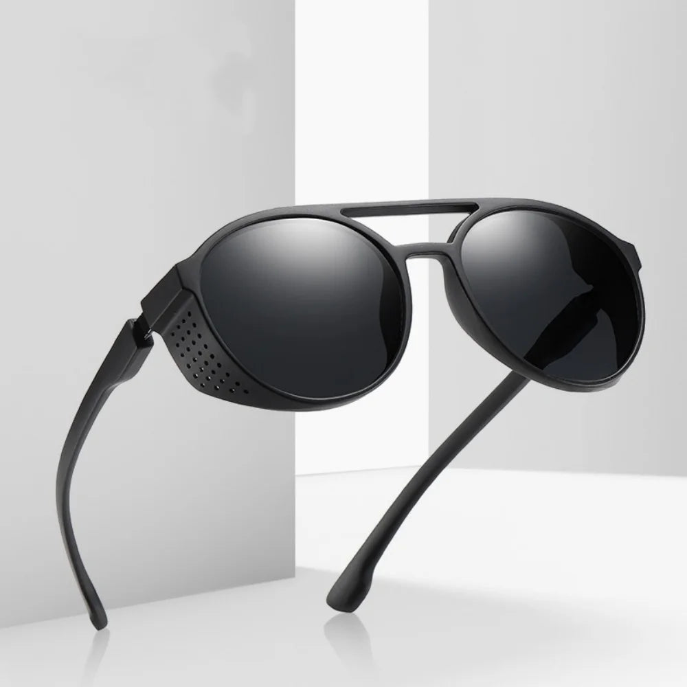 Men Women Polarized Sunglasses Steampunk Sports Sun Glasses Round Frame Eyewear with Side Shield UV400 Protection Driving Shades