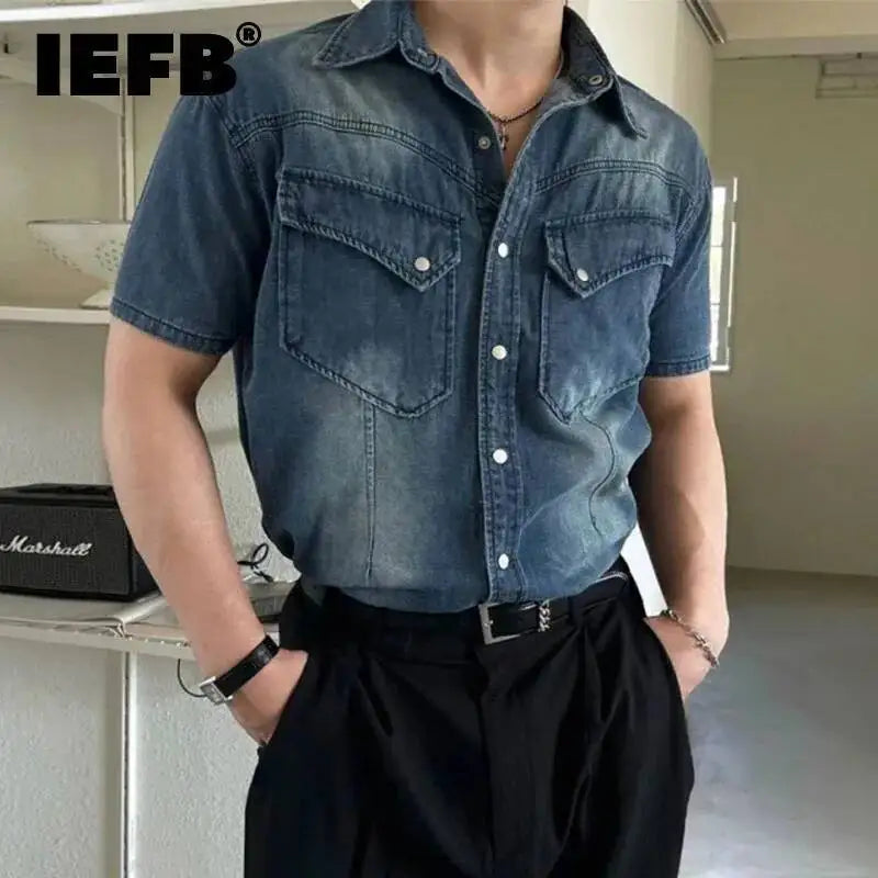 IEFB Niche Design Men's Denim Shirts Turn-down Collar Single Breasted Washing Solid Color Short Sleeved Loose Male Tops 9W2513