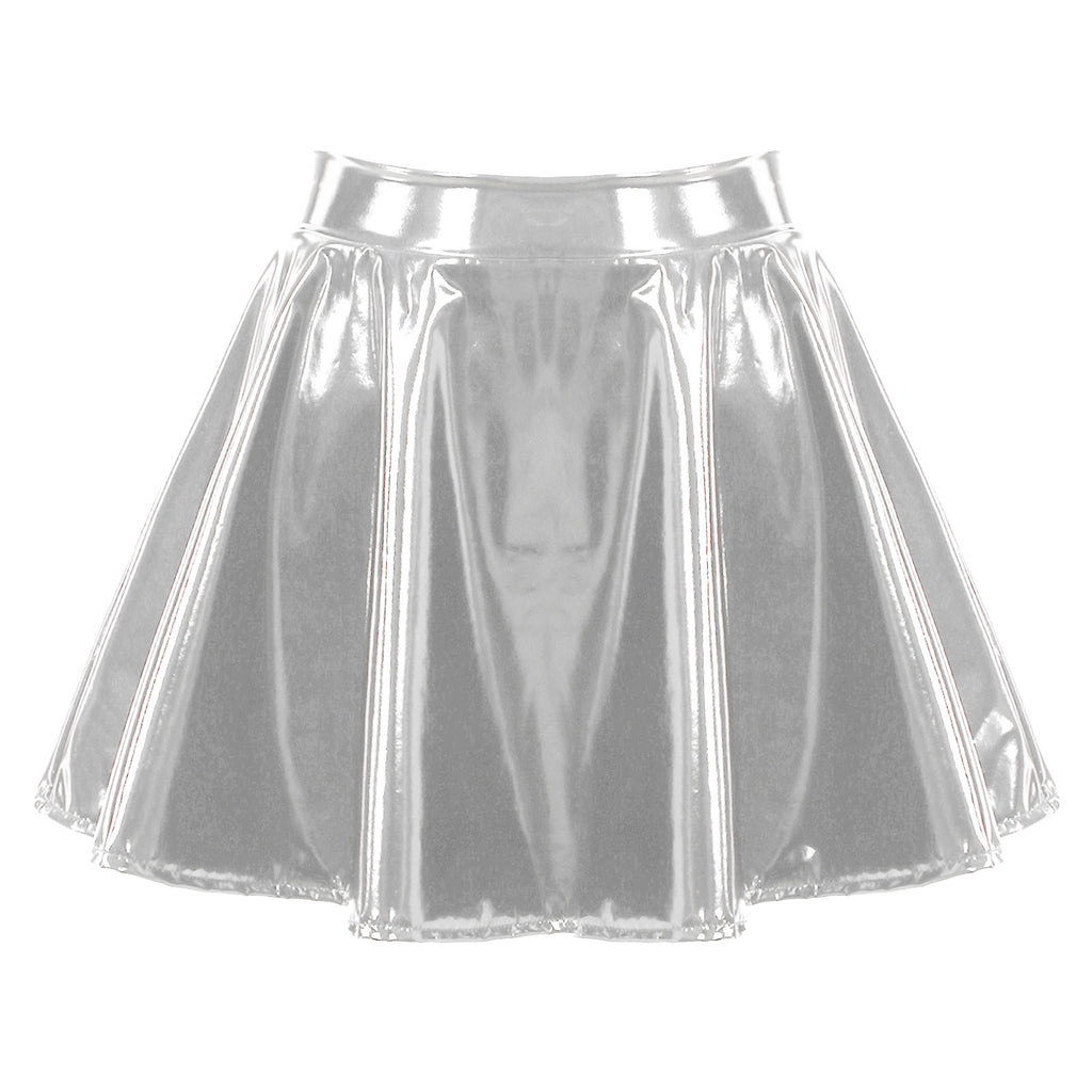 Sexy Women Wetlook PVC Leather Ruffled Skirts Party Low Waist Built-in Thongs Mini Skirt with Garter Belts Metal Clips Set Club