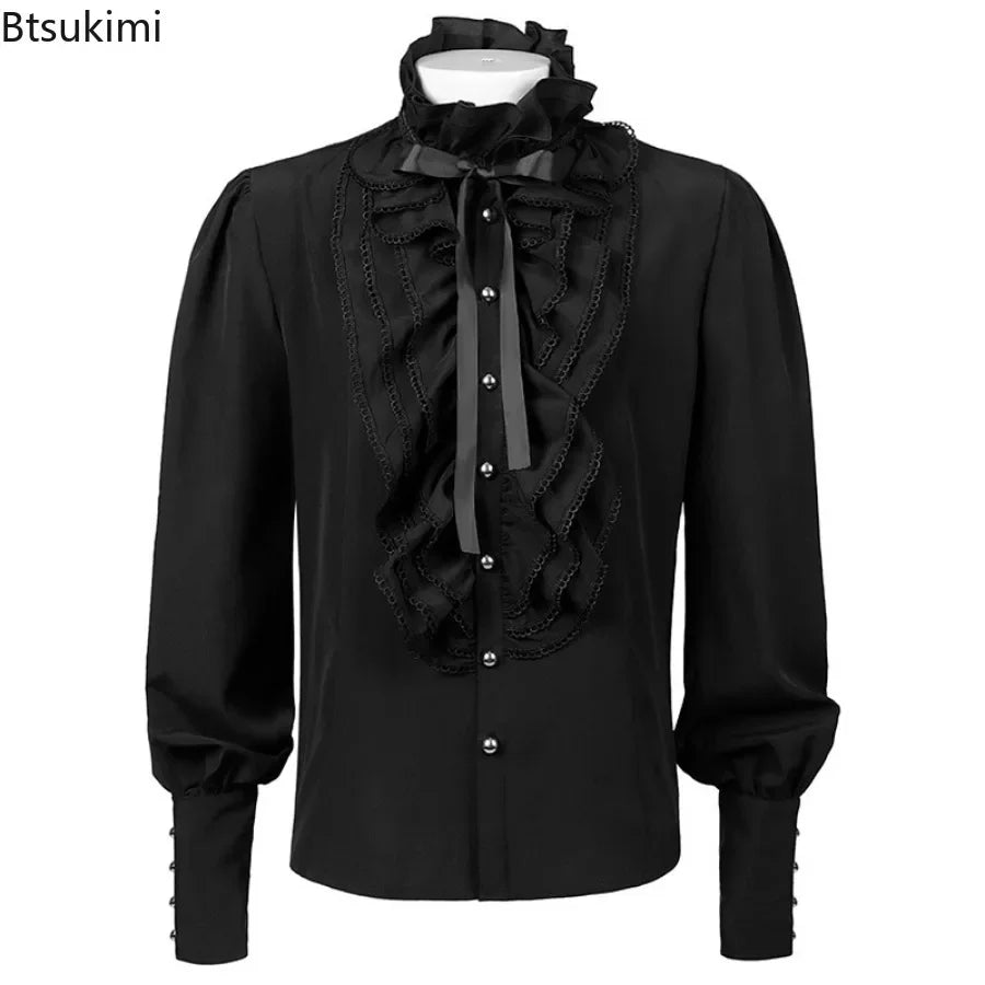 Steampunk Men's Shirt Tops Renaissance Victorian Gothic Medieval Long Sleeve Stand Collar Shirts Male Halloween Cosplay Costumes