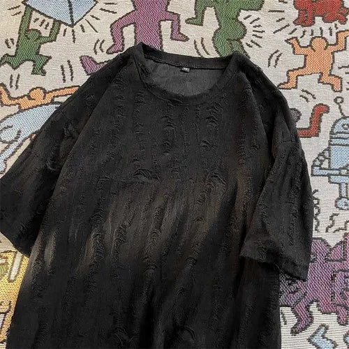 Ripped T-shirts Men Hole Y2k Tops Streetwear Summer O-neck Clothing Hip Hop Fashion Teens American Retro Vintage Футболки Baggy