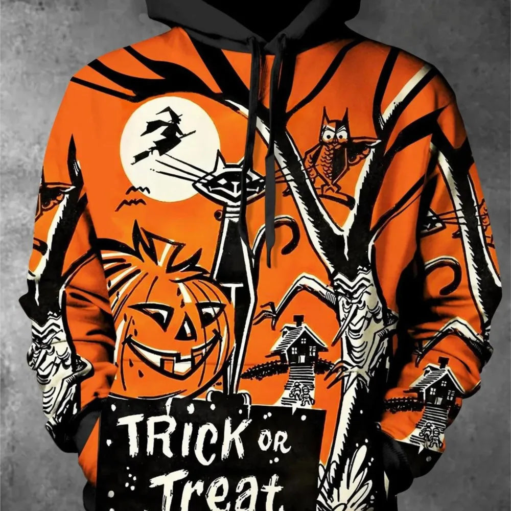 Dark Halloween Hooded Sweatshirt With Horror Headless Horseback Riding elements, Polyester fabric, Unisex Autumn Party Outfit