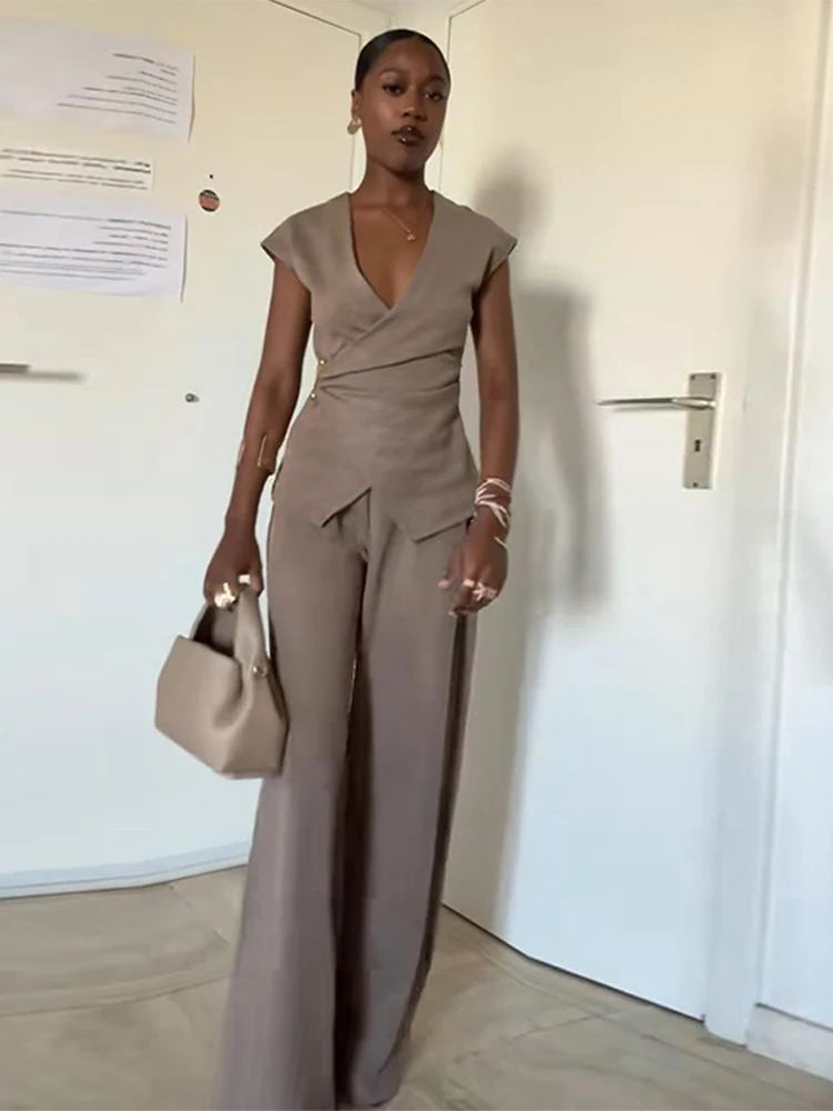 Pin Double Breasted V-neck Top Pants Women's Set Sleeveless Top Wide Leg Mid Waist Trousers Spring Summer Commuting Office Suit