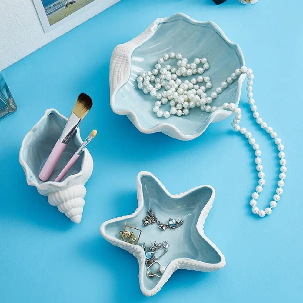1 Pc Ceramic Starfish Shell Storage Tray Jewelry Display Tray Conch Storage Plate Earrings Ring Box Crafts Decoration