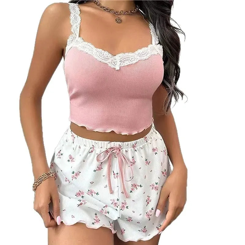 Women 2psc Pajama Set Pink Lace Patchwork V-Neck Sleepwear Sexy Nighties Suit Cami Top Printed Shorts Soft Pyjamas Loungewear