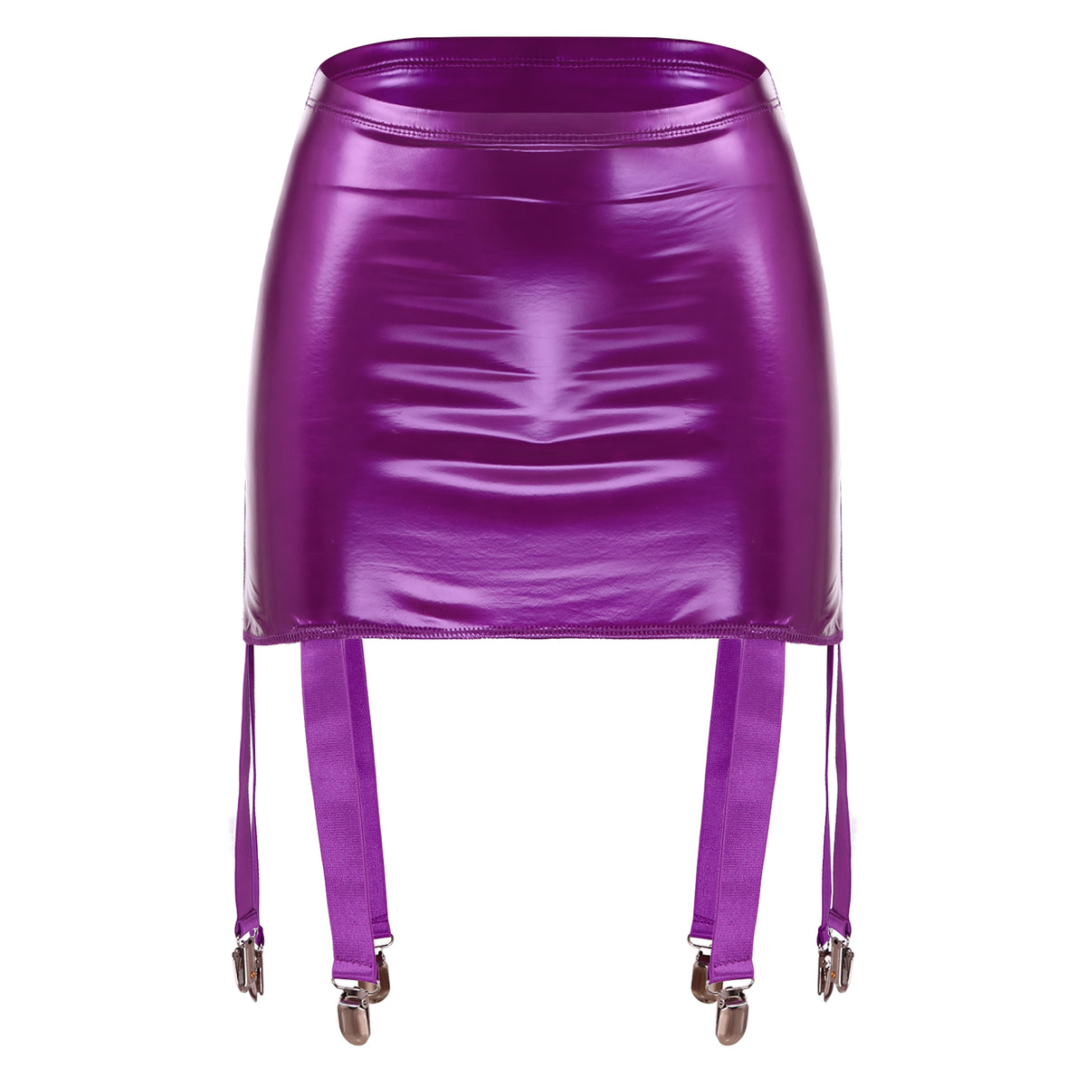 Sexy Women Wetlook PVC Leather Ruffled Skirts Party Low Waist Built-in Thongs Mini Skirt with Garter Belts Metal Clips Set Club