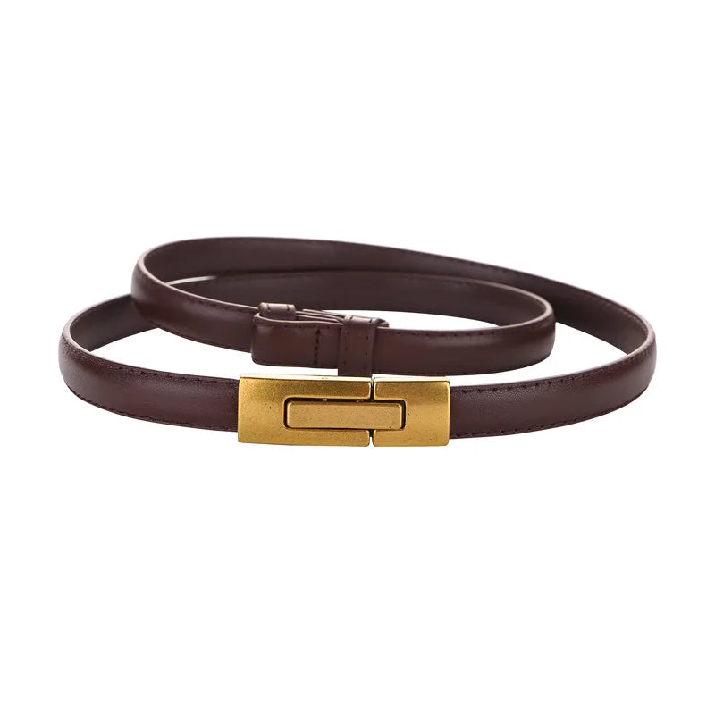 Women Skinny Genuine Leather Slim Belt Adjustable Alloy Buckle Waist Belt for Dress
