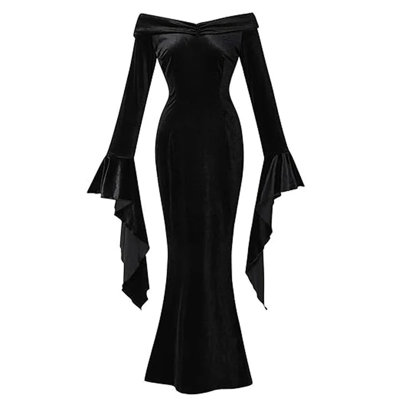 Party Sexy Dress Back Slit Cold Shoulder Women Morticia Addam Evil Halloween Costume Black Gothic Wednesday Outfit For Adult