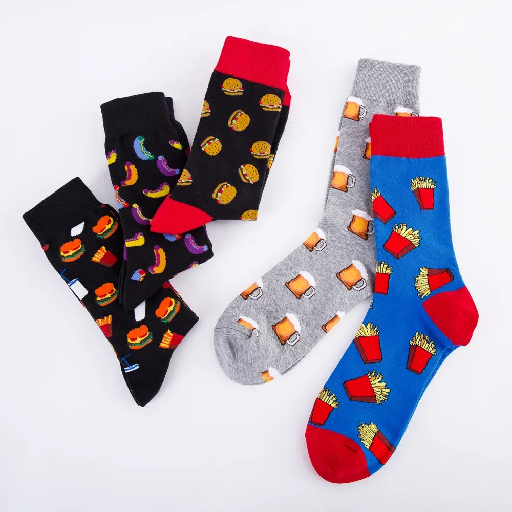 Colorful Hot Dog Hamburg Beer Pattern Novelty Crew Socks Men's Funny Food Kawaii Sokken Creative Casual Cotton Socks For Male