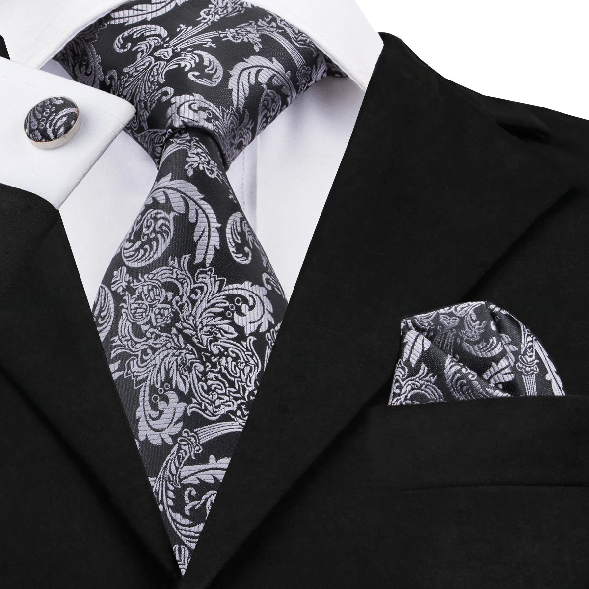 Hi-Tie White Grey Paisley 2026 New Mens Tie Hanky Cufflink Set Necktie For Men Wedding Party Business Men Tie Fashion Brand