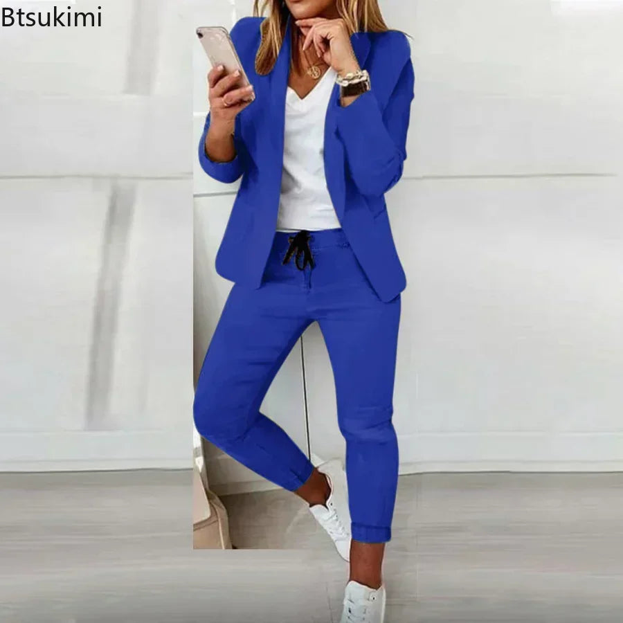 2026 Women's Formal Two Pieces Office Suit Sets Slim Blazer and Pants with Pocket Lapel Women Suits Office Sets 2PCS Tracksuit