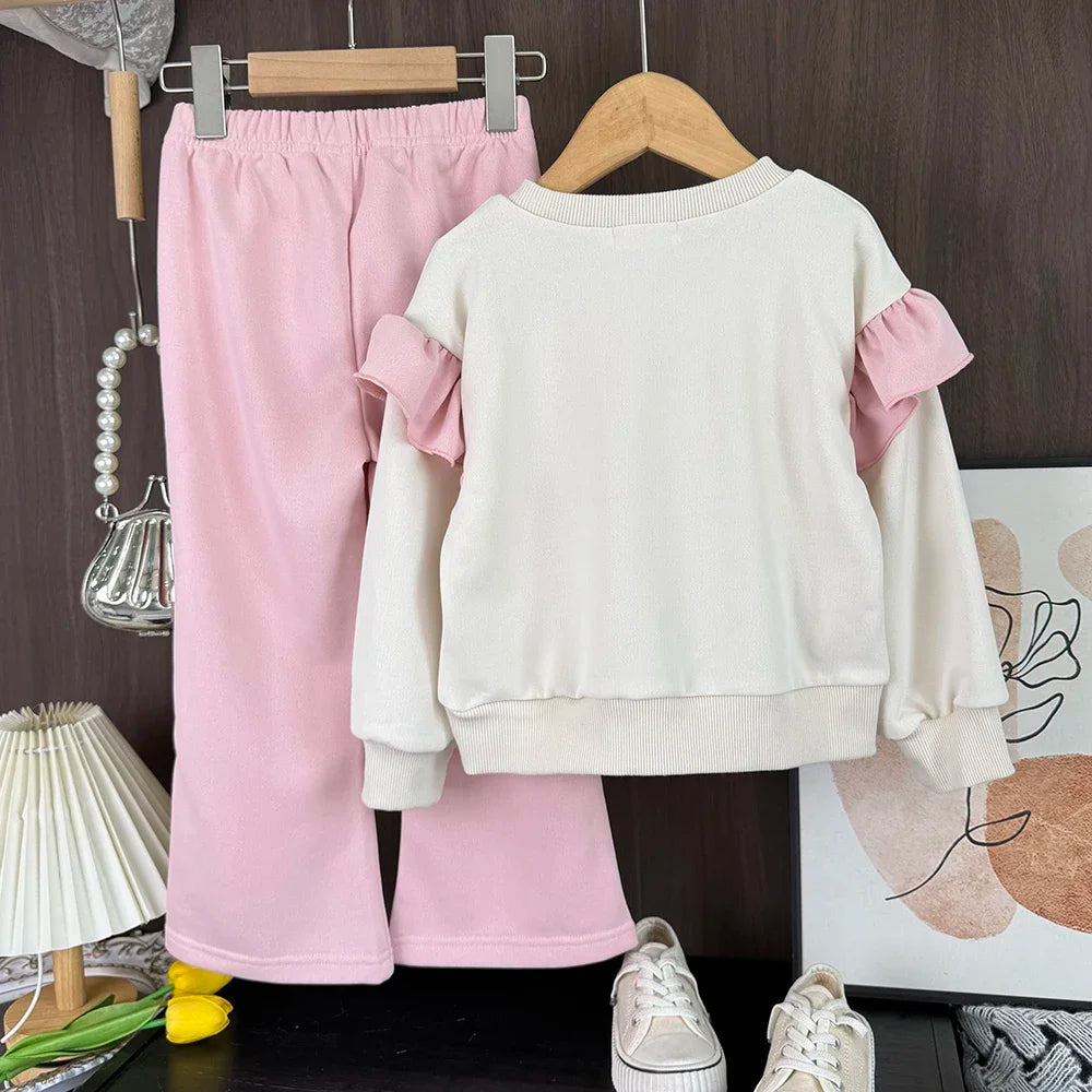 Bear Leader Spring and Autumn Long Sleeve Girls' Set Letter Printed Top+Solid Color Bell Bottom Pants Pink Casual Kids Wear
