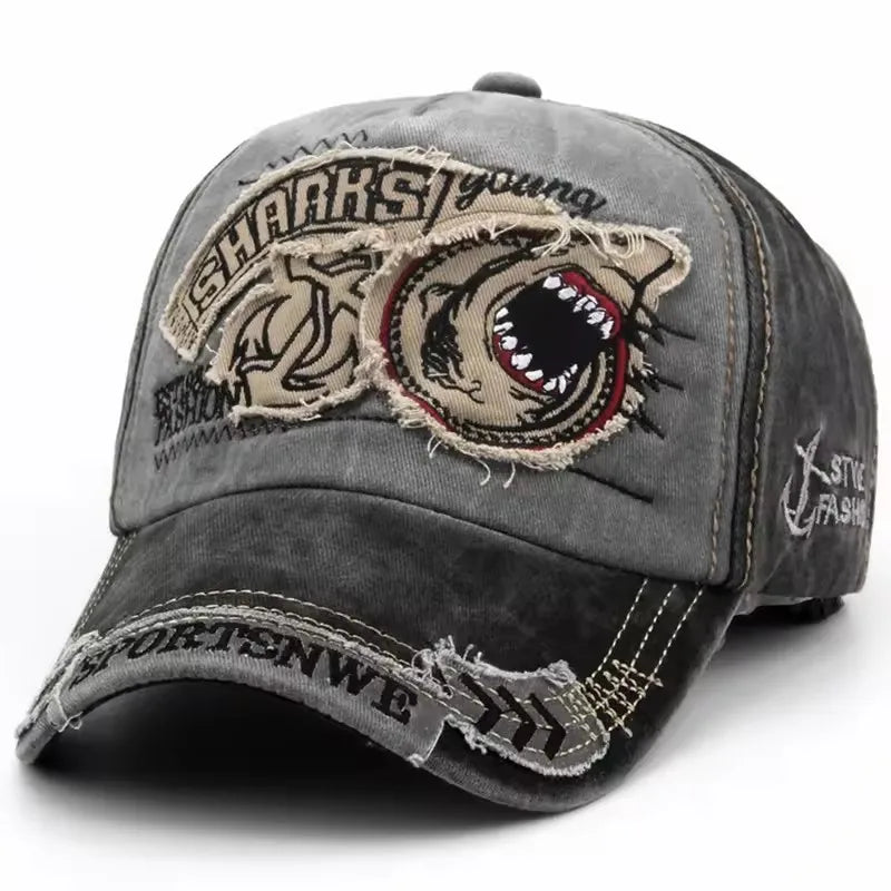 Four Seasons Washed Vintage Distressed Curvy Brimmer Cap Men's Women's Fashion Patch Shark Embroidery Sun Cap Adjustable