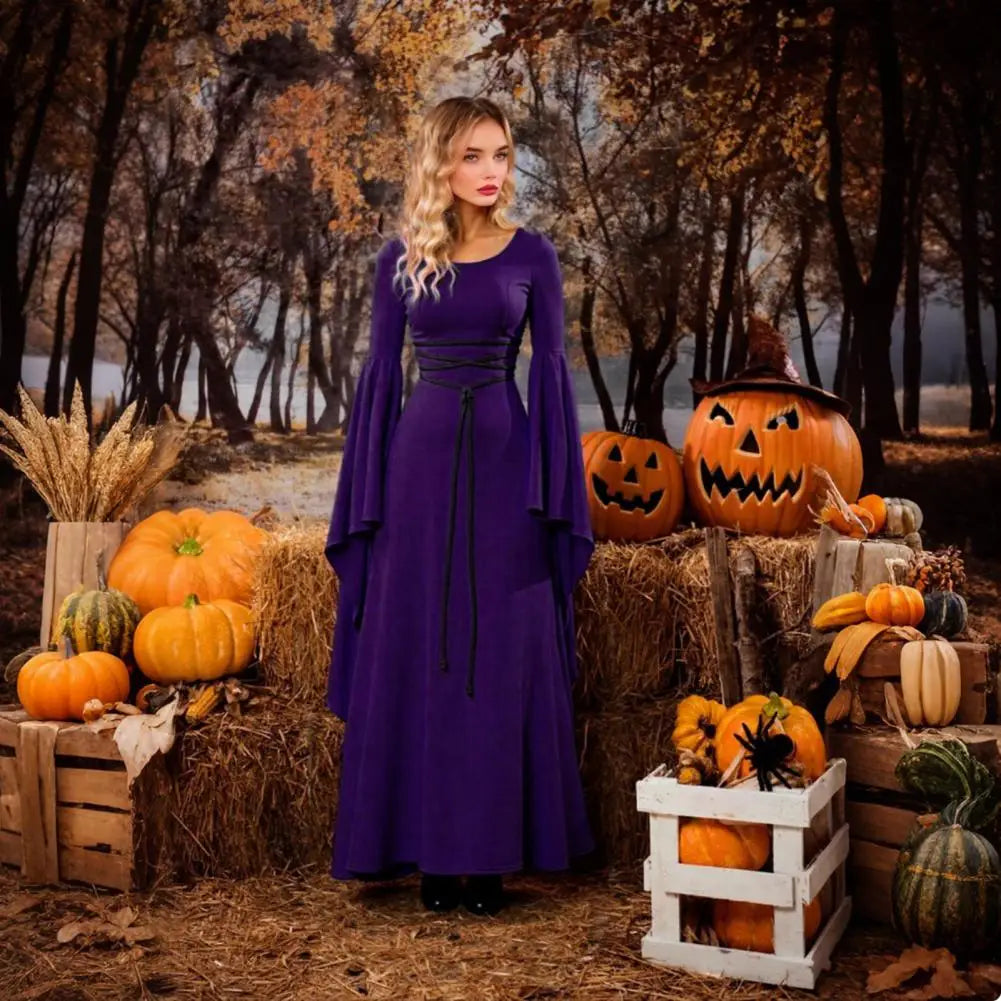Gothic Dress for Women Halloween Renaissance Witch Dress Long Bell Sleeve Medieval Costume for Halloween Cosplay Party
