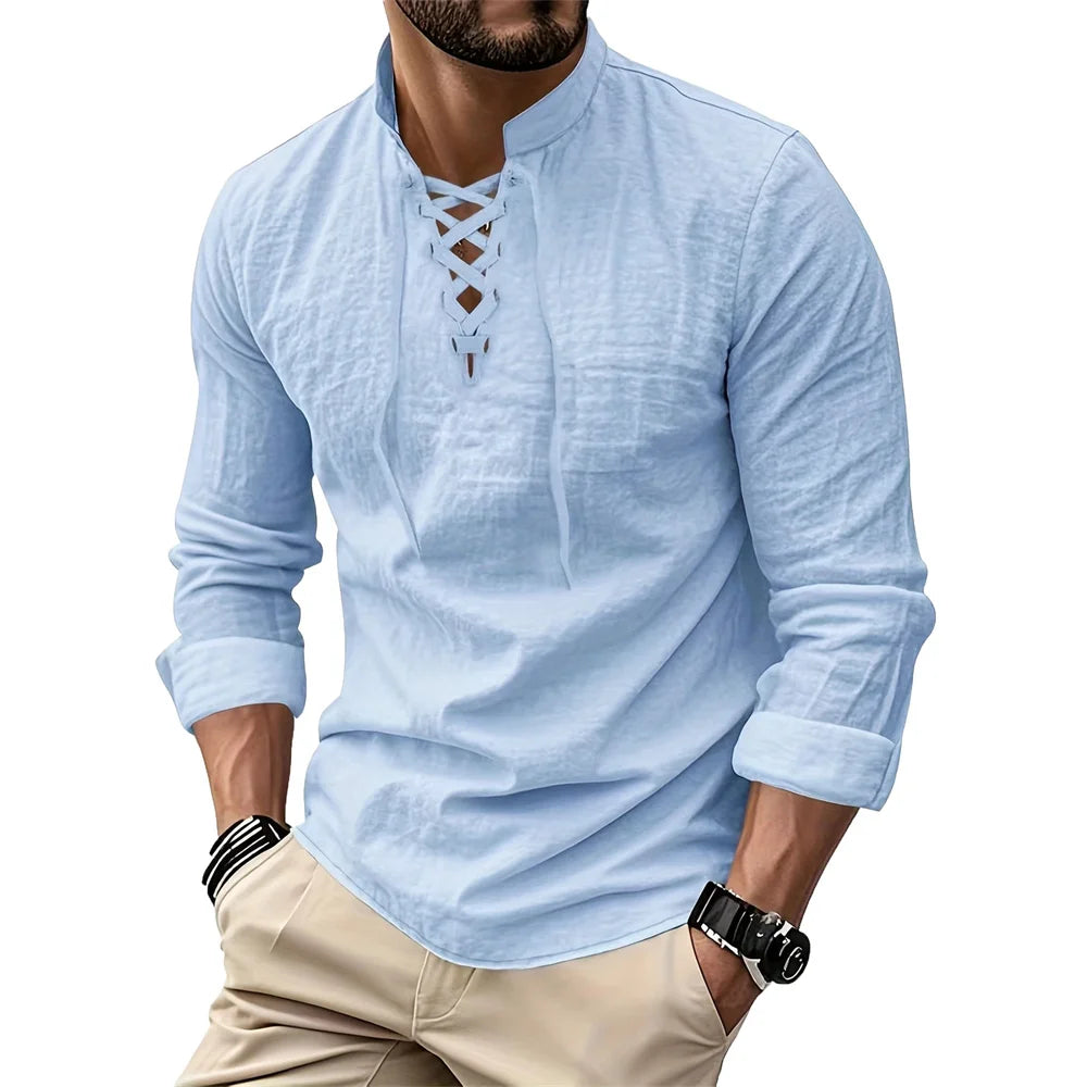 Men's Vintage V-neck T-shirt Cotton Linen Pirate Medieval Viking Gothic Tops Shirts Long Sleeved Cospaly Halloween Party Top