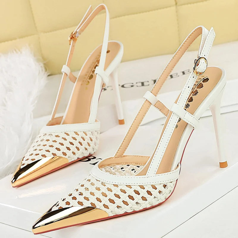 Fashion hollow Weaving Women Pumps Metal pointed tip High Heels Stiletto 9.5 cm buckle Summer Women's high-heeled sandals Shoes