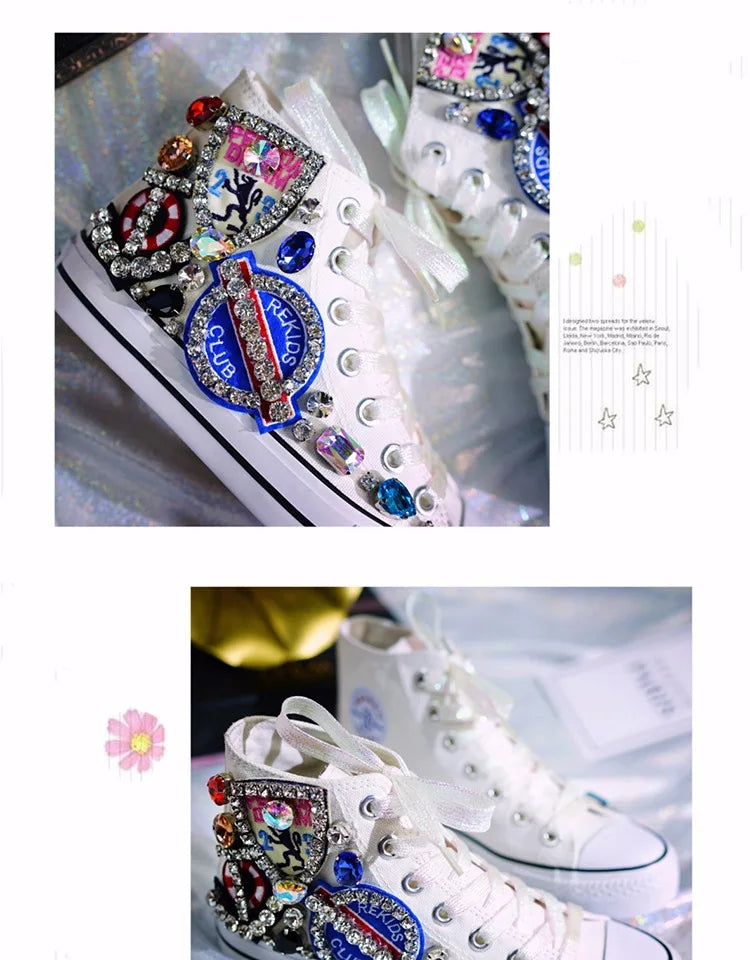 Woman Canvas Shoes Flat Platform Loafers Vulcanize Shoes Women Casual Classic Designer Brands Handmade Diamond Sneakers
