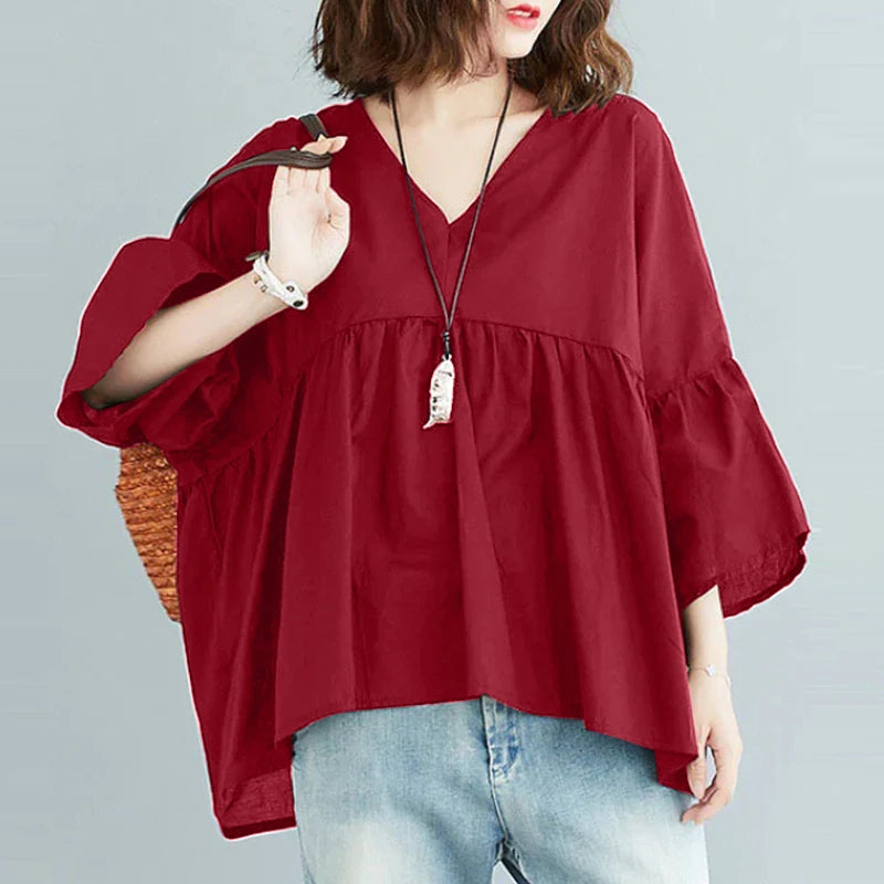 ZANZEA Women Summer Flare Sleeve Tops 2025 Casual Solid Color Blouse Fashion Pleating Tunic V-neck Shirt Loose Blusas Femininas