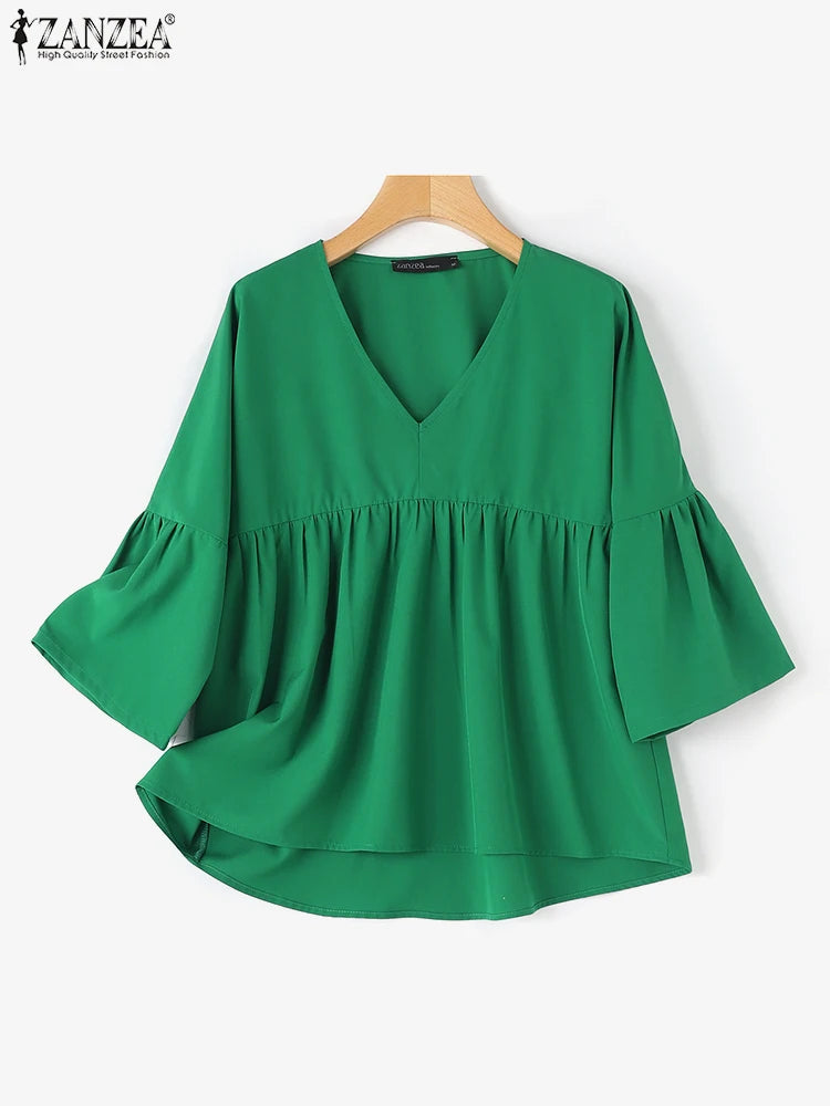ZANZEA Women Summer Flare Sleeve Tops 2025 Casual Solid Color Blouse Fashion Pleating Tunic V-neck Shirt Loose Blusas Femininas