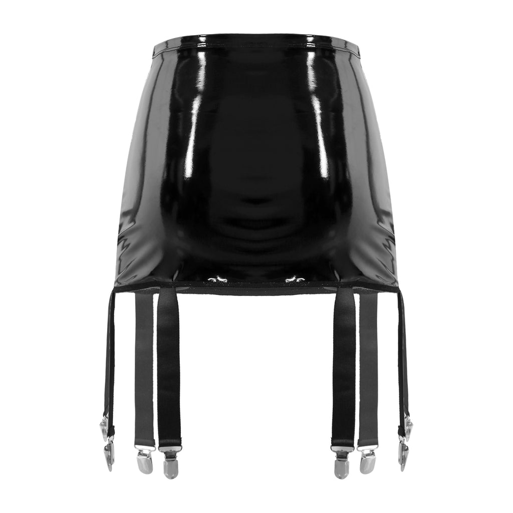 Sexy Women Wetlook PVC Leather Ruffled Skirts Party Low Waist Built-in Thongs Mini Skirt with Garter Belts Metal Clips Set Club