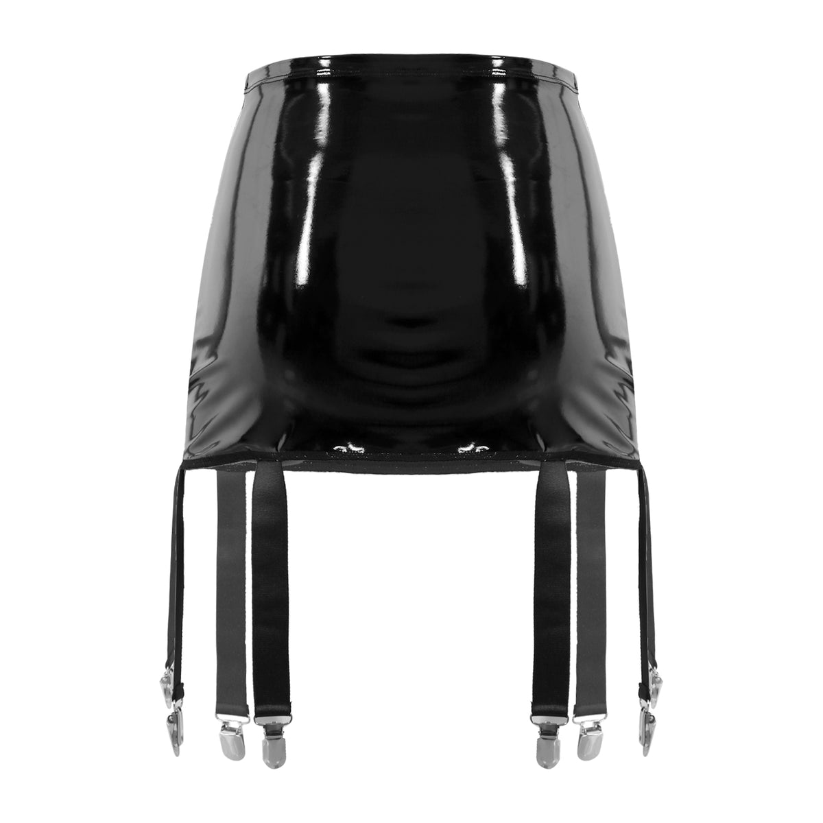 Sexy Women Wetlook PVC Leather Ruffled Skirts Party Low Waist Built-in Thongs Mini Skirt with Garter Belts Metal Clips Set Club