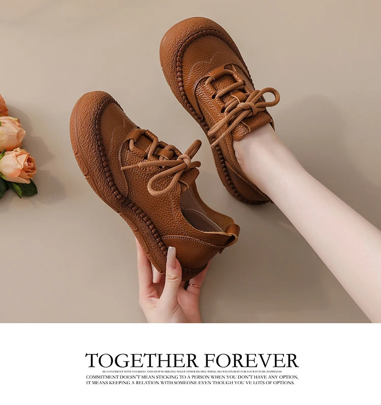 New real leather handmade shoes for women all season oxfords flats woman laced up moccasins cozy mom boat shoes round toe flats