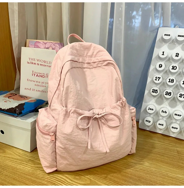 Japanese Style Student Backpack Solid Color Bow Travel School Bag Lightweight and Fashionable Women's Backpack New Simple Casual