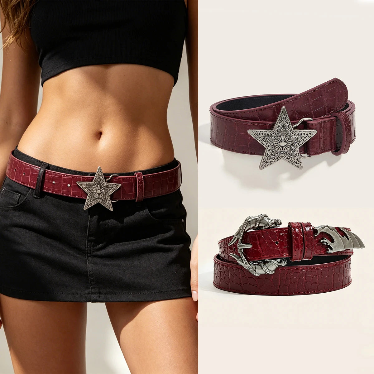 Women's Belt Pants Trousers Jeans Pattern Leather Belt For Cosplay Accessories Women Halloween Suits Black Wine Red Waistband